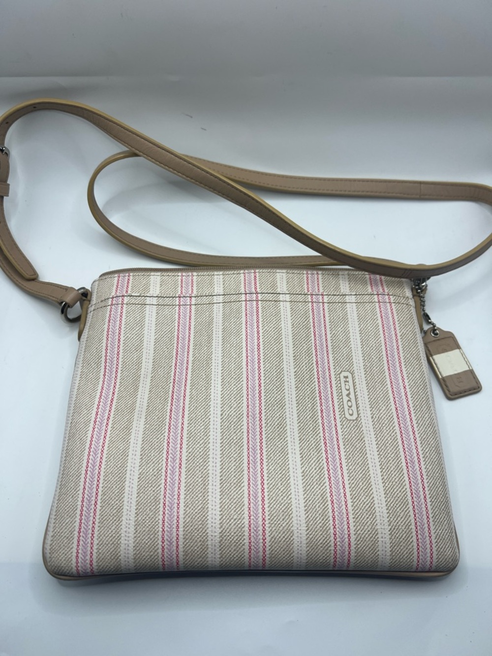 Coach Legacy Ticking Stripe Khaki/Pink Swingpack Crossbody Bag